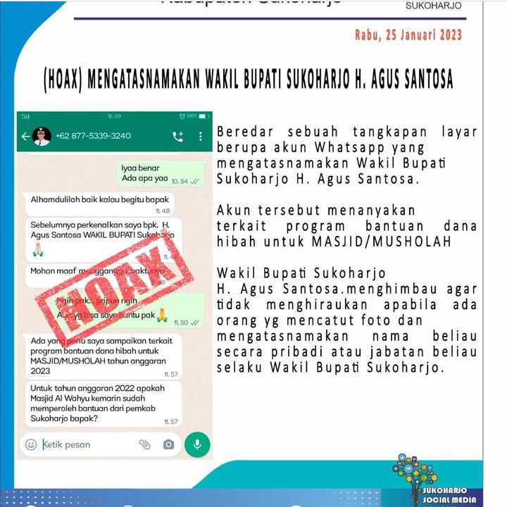 Nama Wakil Bupati Sukoharjo Agus Santosa Dicatut Oknum Tak Bertanggungjawab